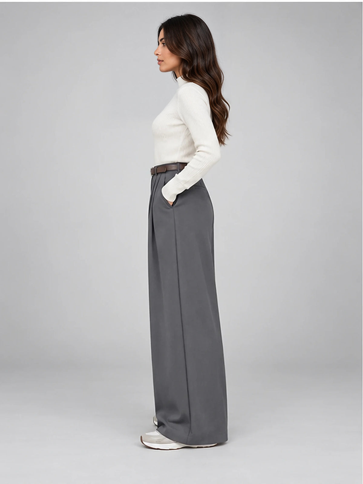 Women's Suit Trousers – Belted High Waist Wide Leg in Grey — side view