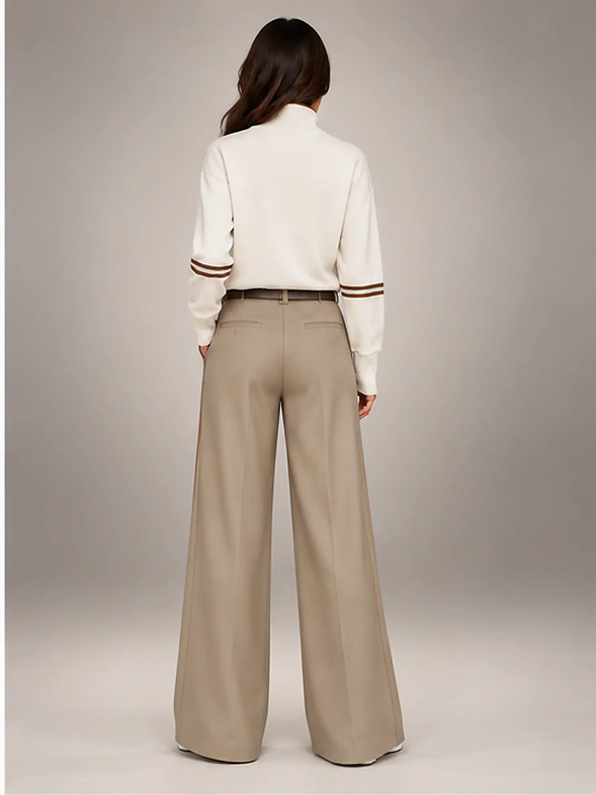 Women's Suit Trousers – Belted High Waist Wide Leg in Khaki — back view