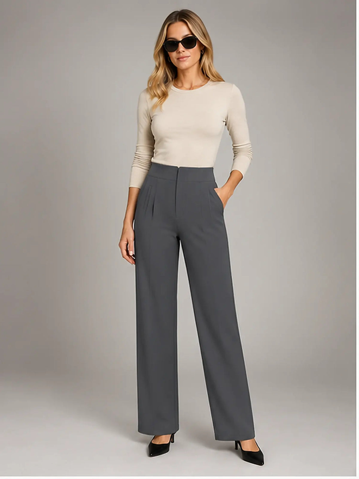 Women's Tailored Trousers – High Waist Straight Fit in Charcoal — main view
