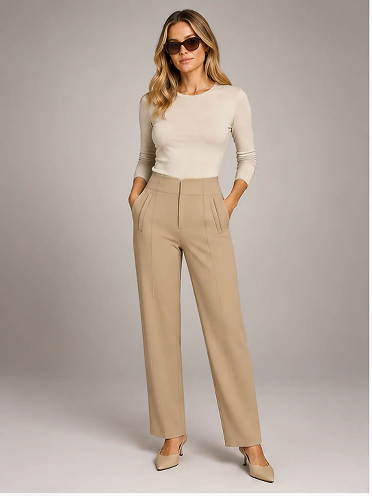 Women's Tailored Trousers – High Waist Straight Fit in Khaki — main view