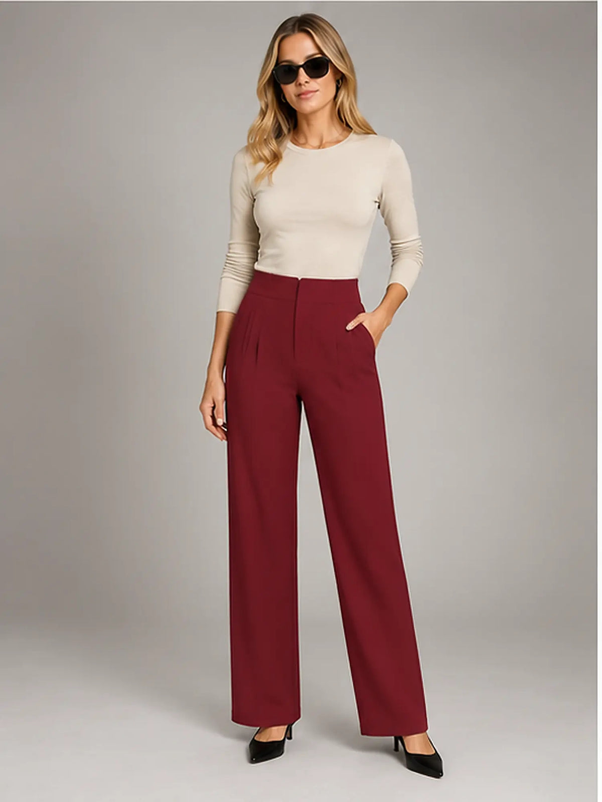 Women's Tailored Trousers – High Waist Straight Fit in Wine — main view