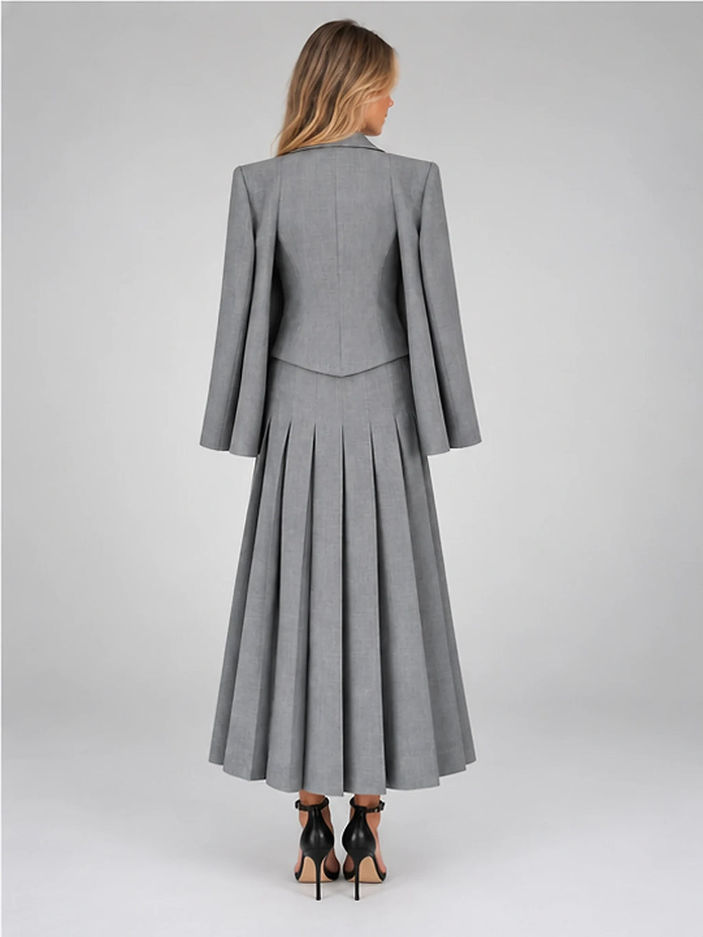 Women's Three-Piece Suit Set – Vest, Blazer and Pleated Skirt in Grey — back view