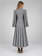 Women's Three-Piece Suit Set – Vest, Blazer and Pleated Skirt in Grey — back view