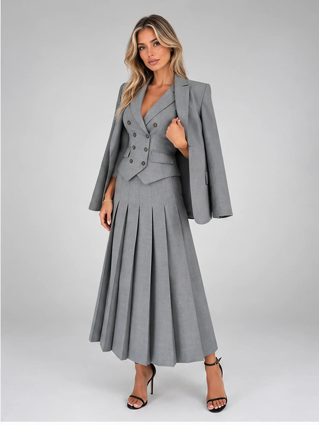 Women's Three-Piece Suit Set – Vest, Blazer and Pleated Skirt in Grey — alternate view
