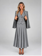 Women's Three-Piece Suit Set – Vest, Blazer and Pleated Skirt in Grey — front view