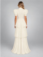 Women's Tiered Maxi Dress – Puff Sleeve in Ivory — back view