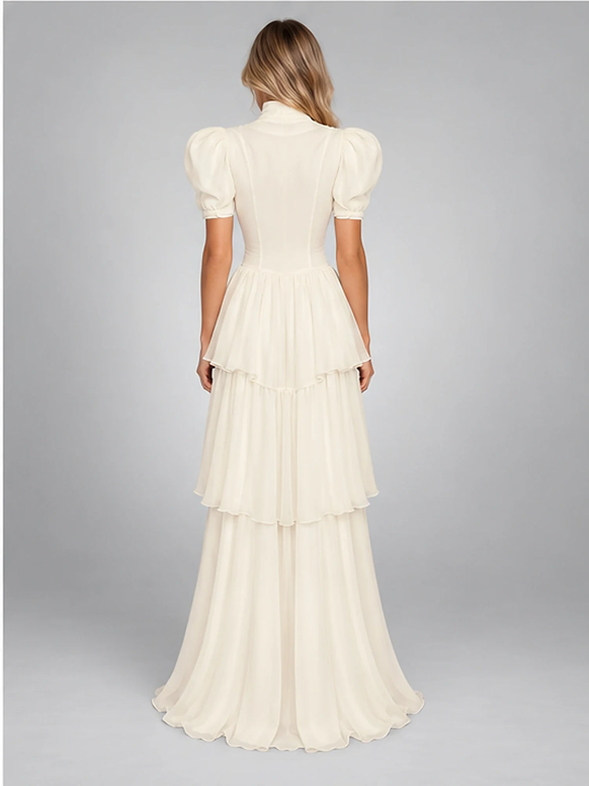 Women's Tiered Maxi Dress – Puff Sleeve in Ivory — back view