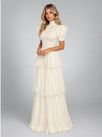 Women's Tiered Maxi Dress – Puff Sleeve in Ivory — alternate view