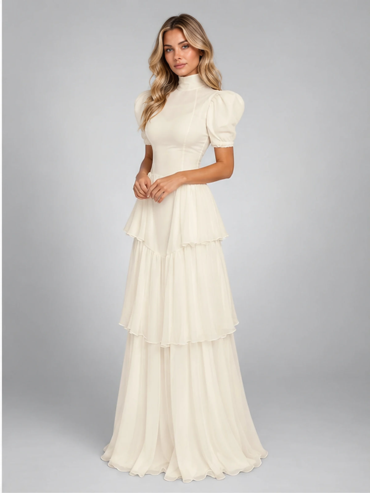Women's Tiered Maxi Dress – Puff Sleeve in Ivory — alternate view