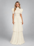 Women's Tiered Maxi Dress – Puff Sleeve in Ivory — front view