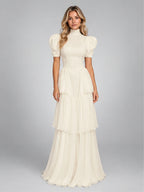 Women's Tiered Maxi Dress – Puff Sleeve in Ivory — front view