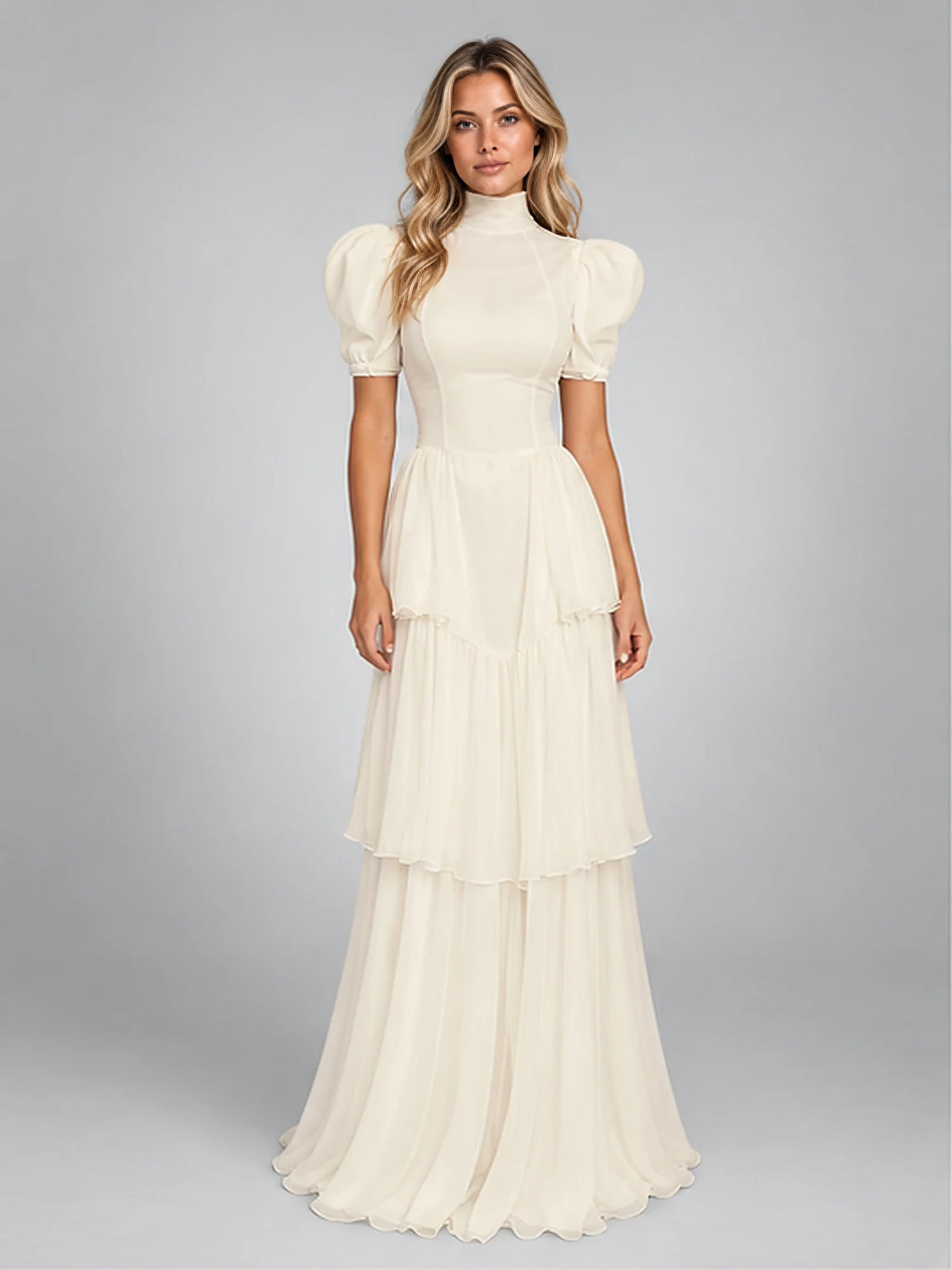 Women's Tiered Maxi Dress – Puff Sleeve in Ivory — front view