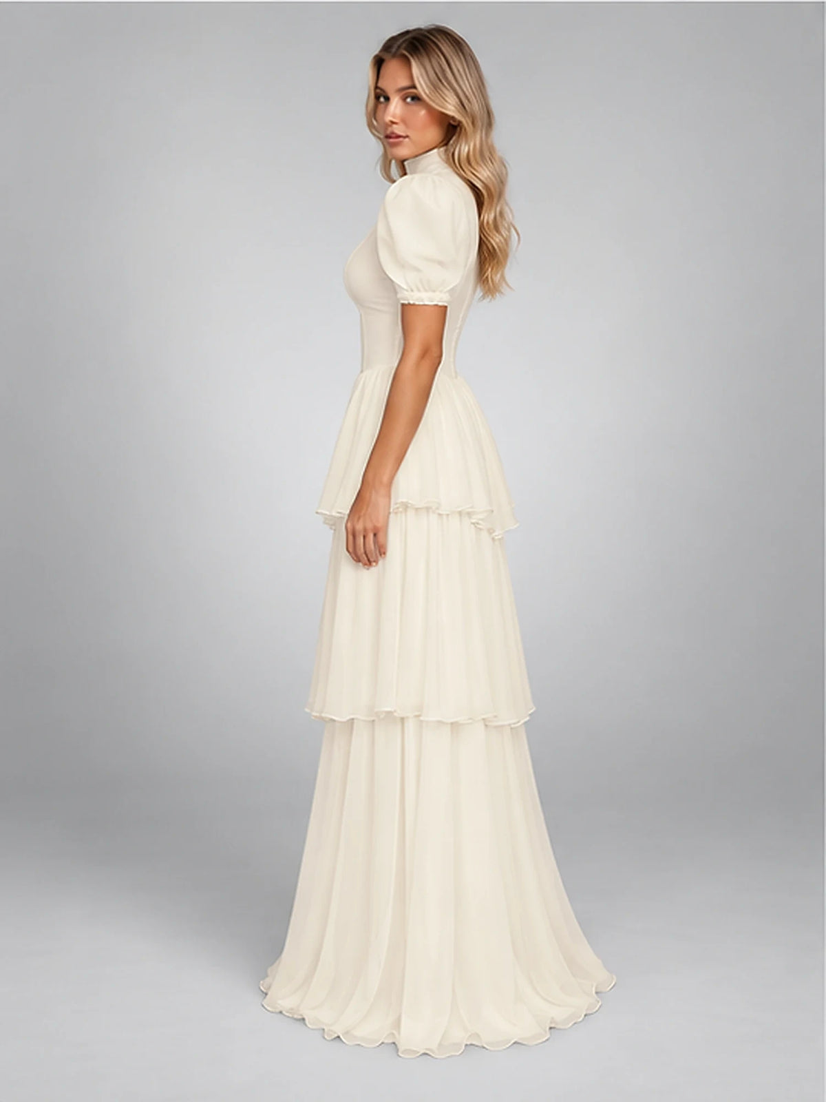 Women's Tiered Maxi Dress – Puff Sleeve in Ivory — side view