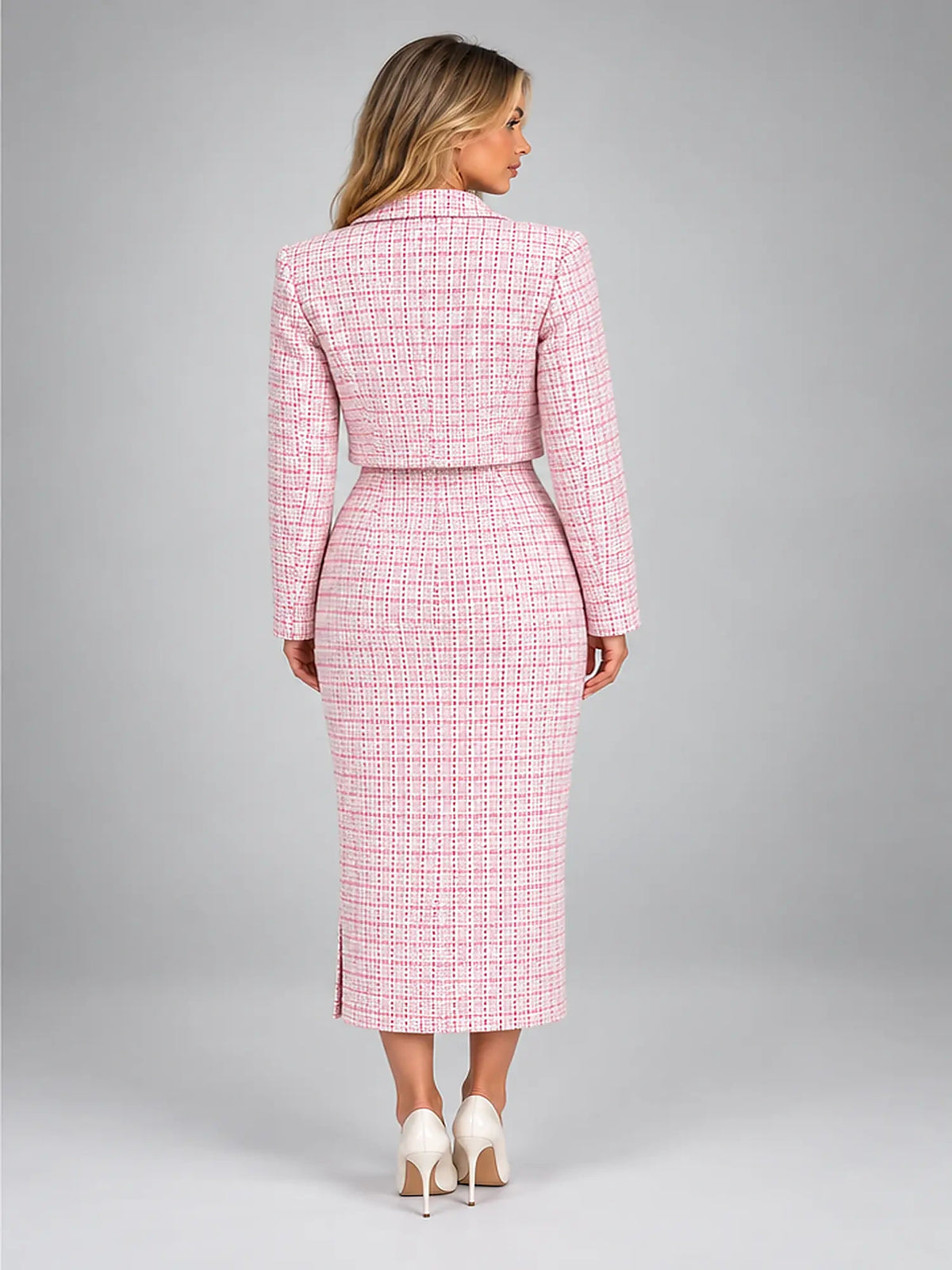 Women's Tweed Dress Set – Cropped Jacket and Midi Dress in Blush Pink — back view