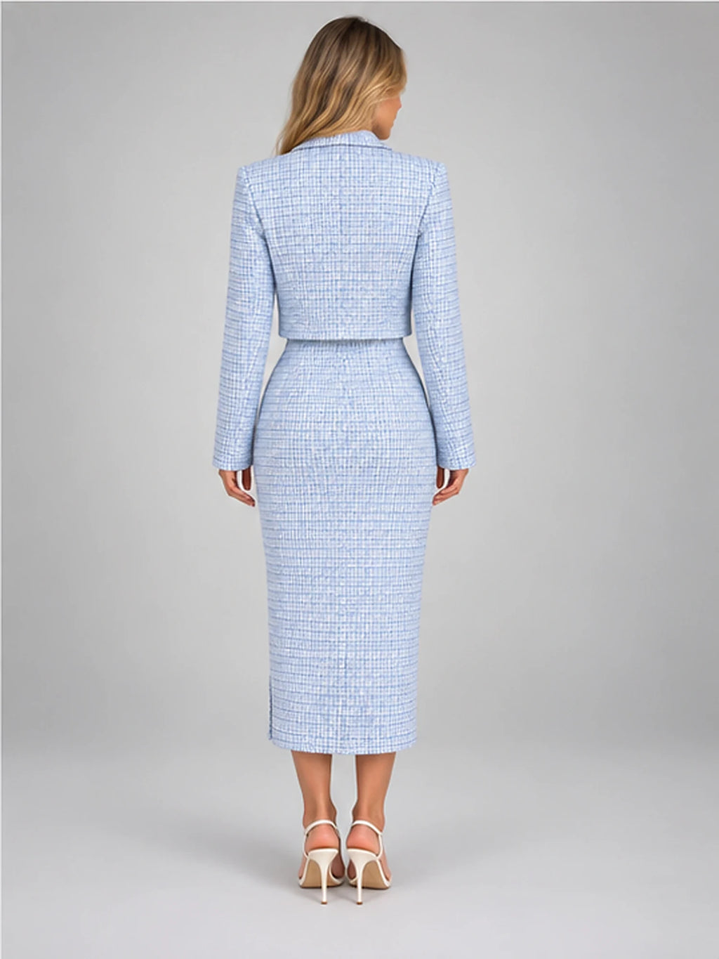Women's Tweed Dress Set – Cropped Jacket and Midi Dress in Light Blue — back view