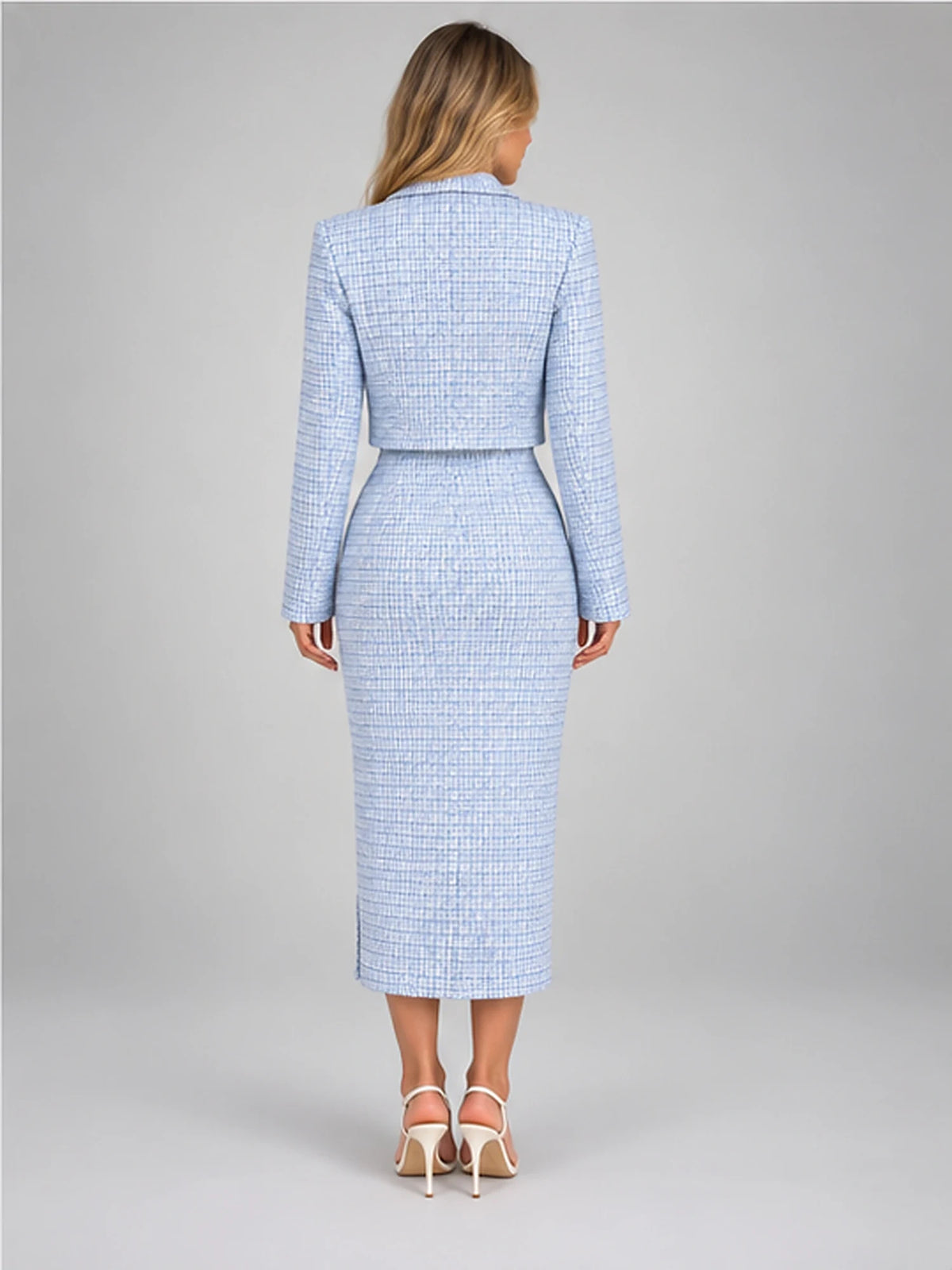 Women's Tweed Dress Set – Cropped Jacket and Midi Dress in Light Blue — back view