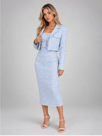 Women's Tweed Dress Set – Cropped Jacket and Midi Dress in Light Blue — alternate view