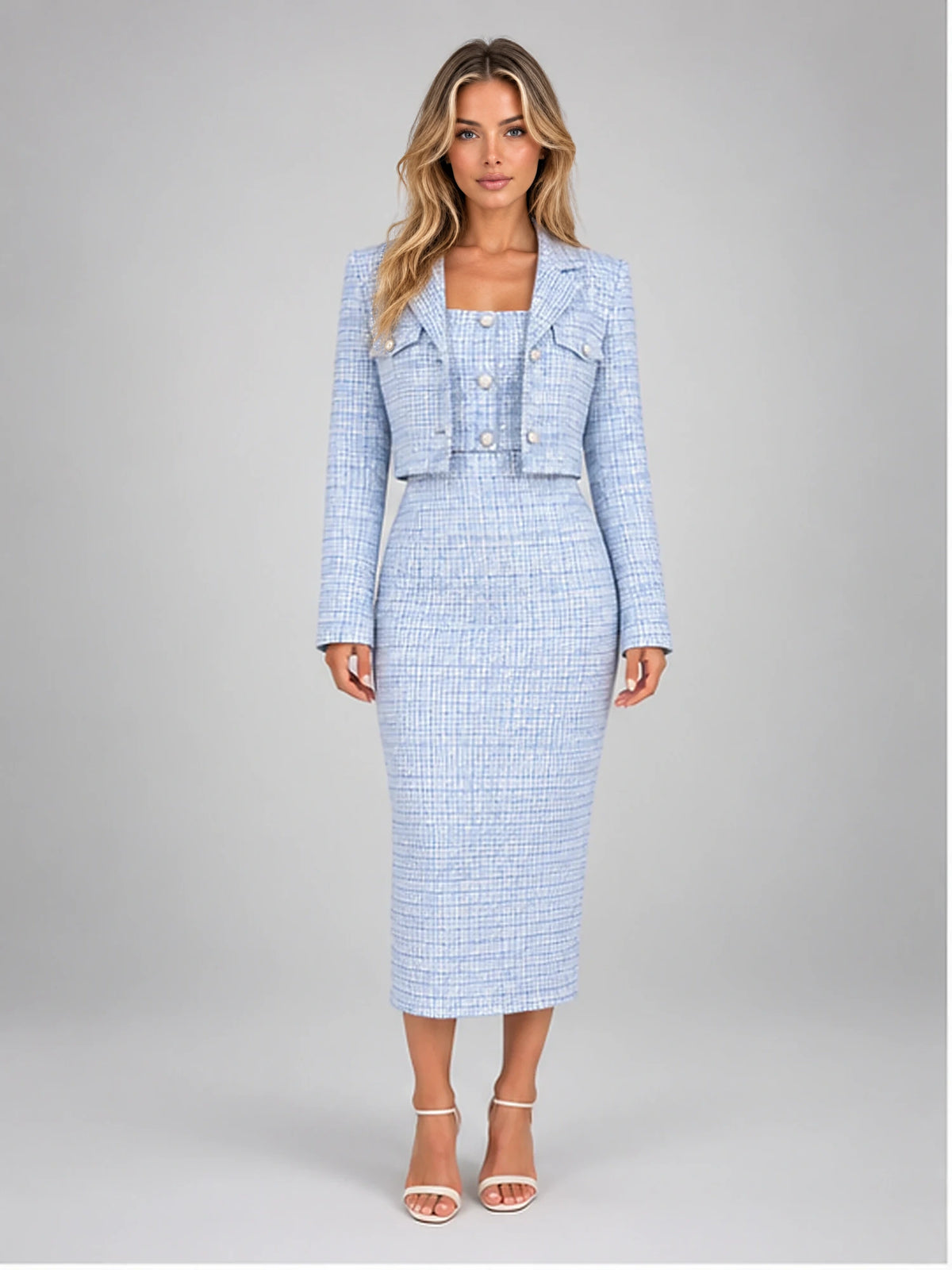Women's Tweed Dress Set – Cropped Jacket and Midi Dress in Light Blue — front view