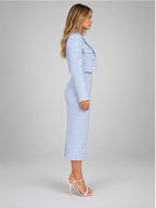 Women's Tweed Dress Set – Cropped Jacket and Midi Dress in Light Blue — side view