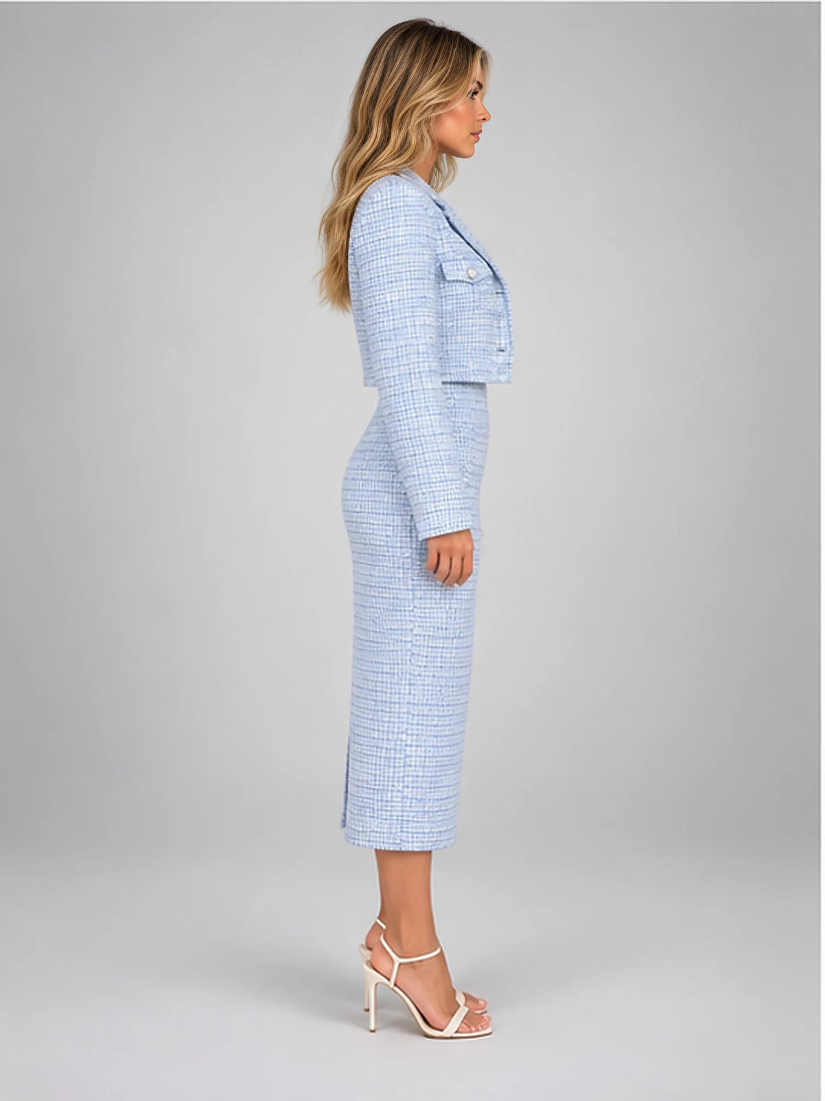 Women's Tweed Dress Set – Cropped Jacket and Midi Dress in Light Blue — side view