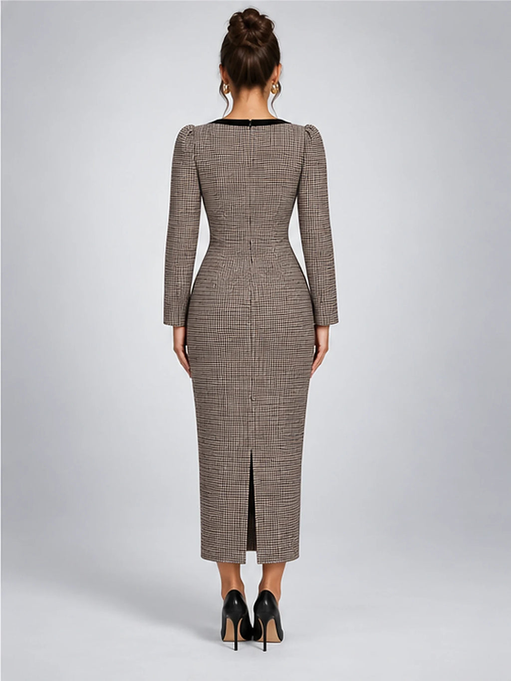 Women's Tweed Midi Dress – Bow Front Houndstooth in Brown Houndstooth — back view