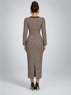 Women's Tweed Midi Dress – Bow Front Houndstooth in Brown Houndstooth — back view