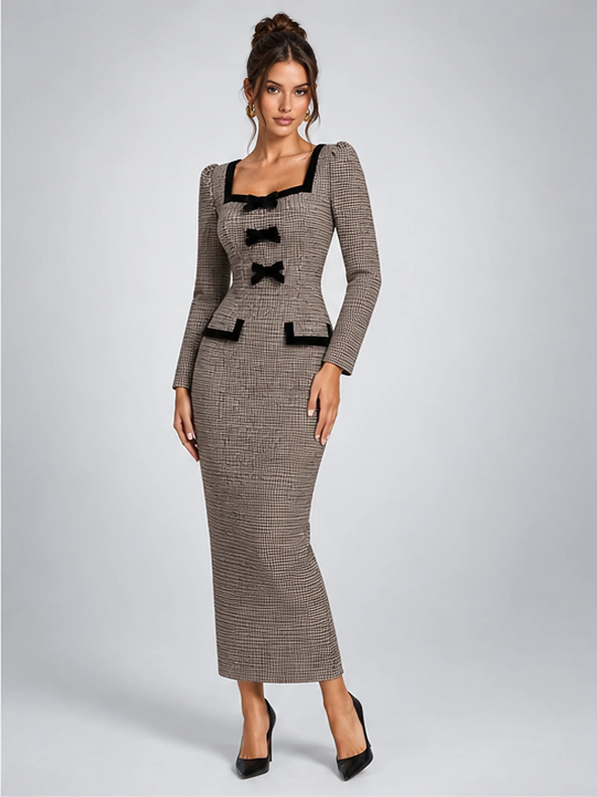 Women's Tweed Midi Dress – Bow Front Houndstooth in Brown Houndstooth — alternate view