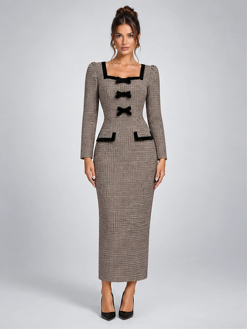 Women's Tweed Midi Dress – Bow Front Houndstooth in Brown Houndstooth — front view