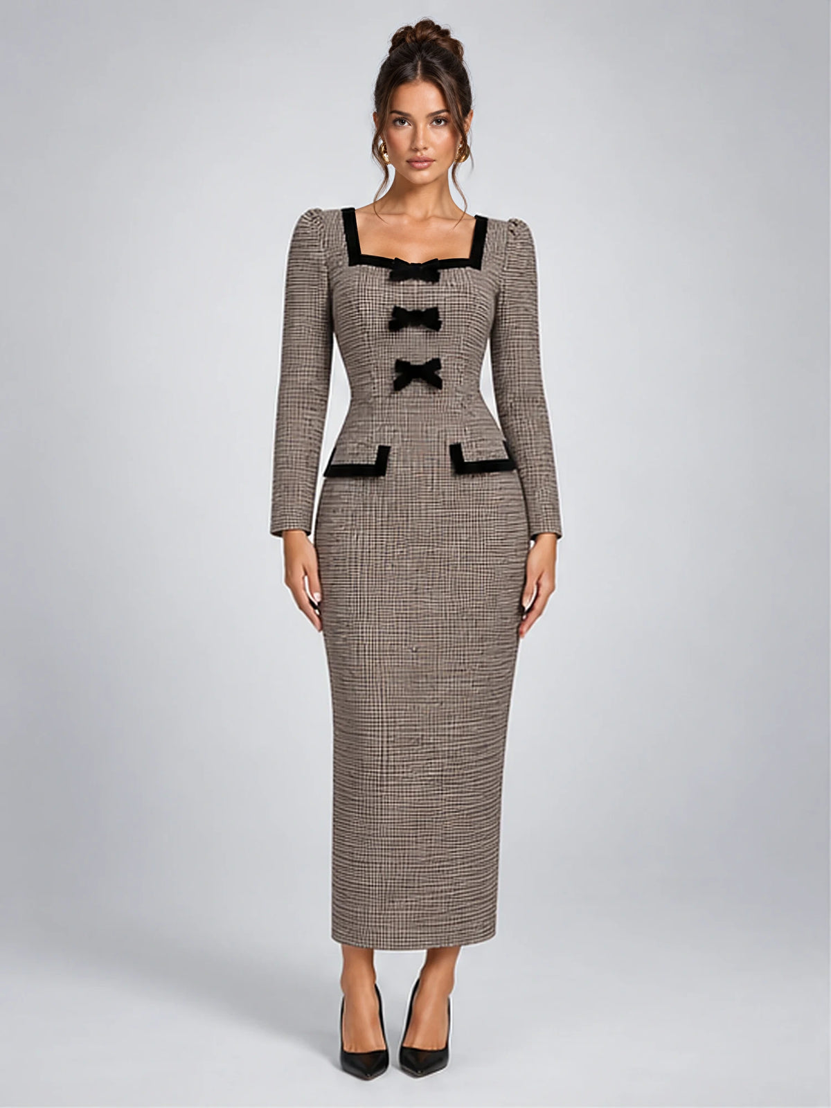 Women's Tweed Midi Dress – Bow Front Houndstooth in Brown Houndstooth — front view