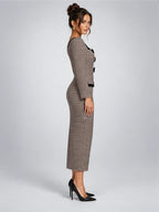 Women's Tweed Midi Dress – Bow Front Houndstooth in Brown Houndstooth — side view