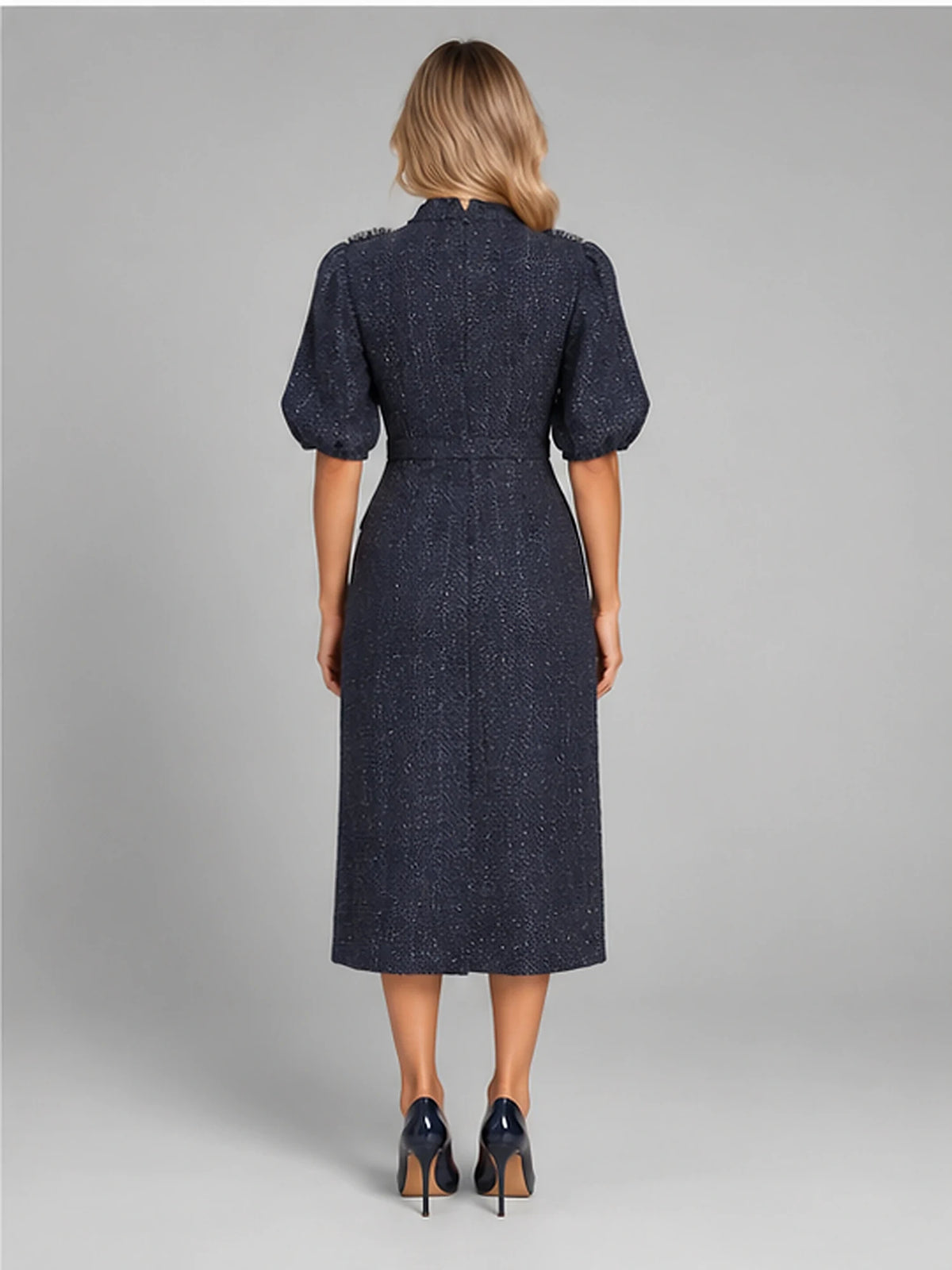 Women's Tweed Midi Dress – Bow Neck and Puff Sleeves in Navy — back view