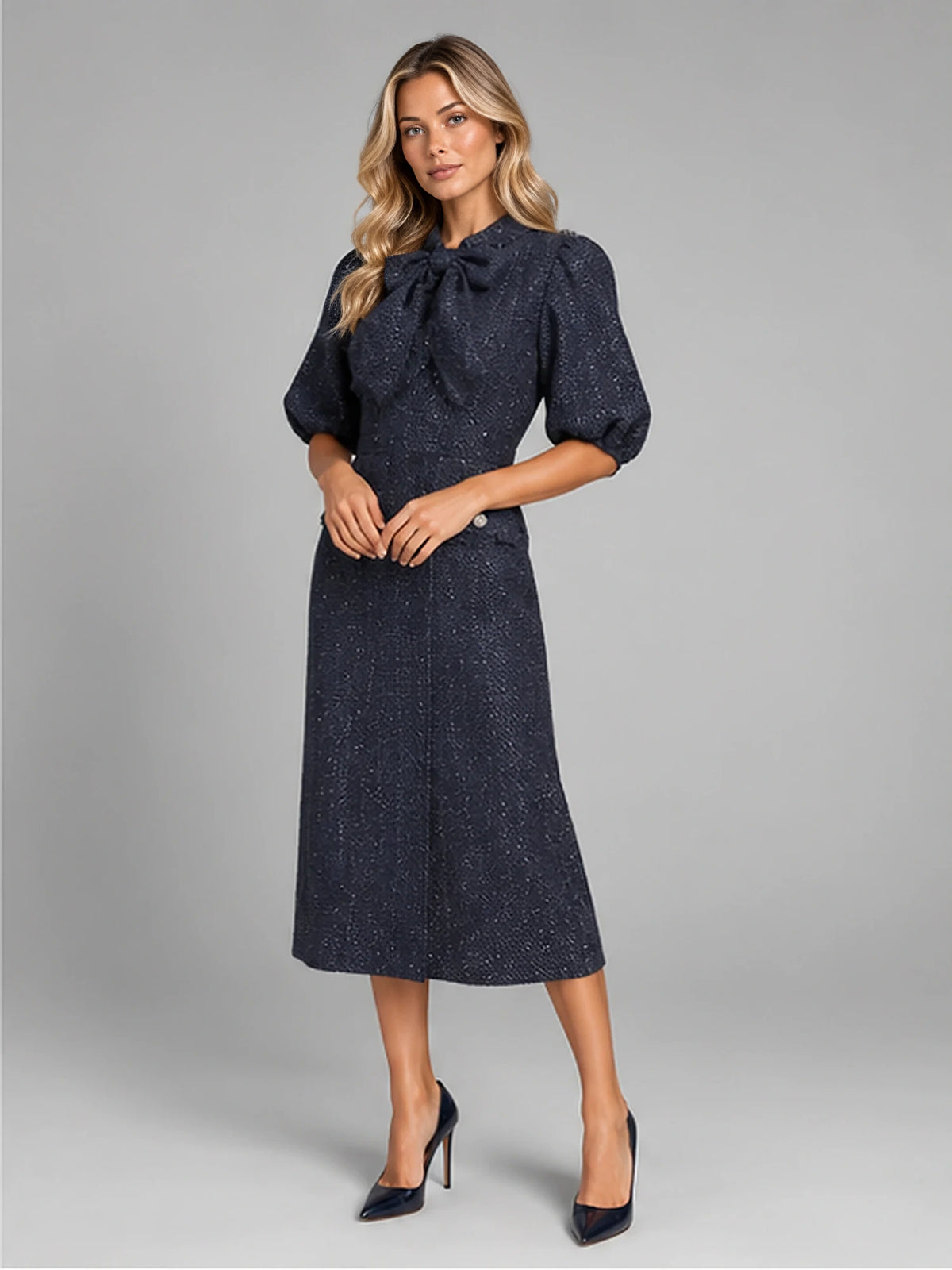 Women's Tweed Midi Dress – Bow Neck and Puff Sleeves in Navy — alternate view