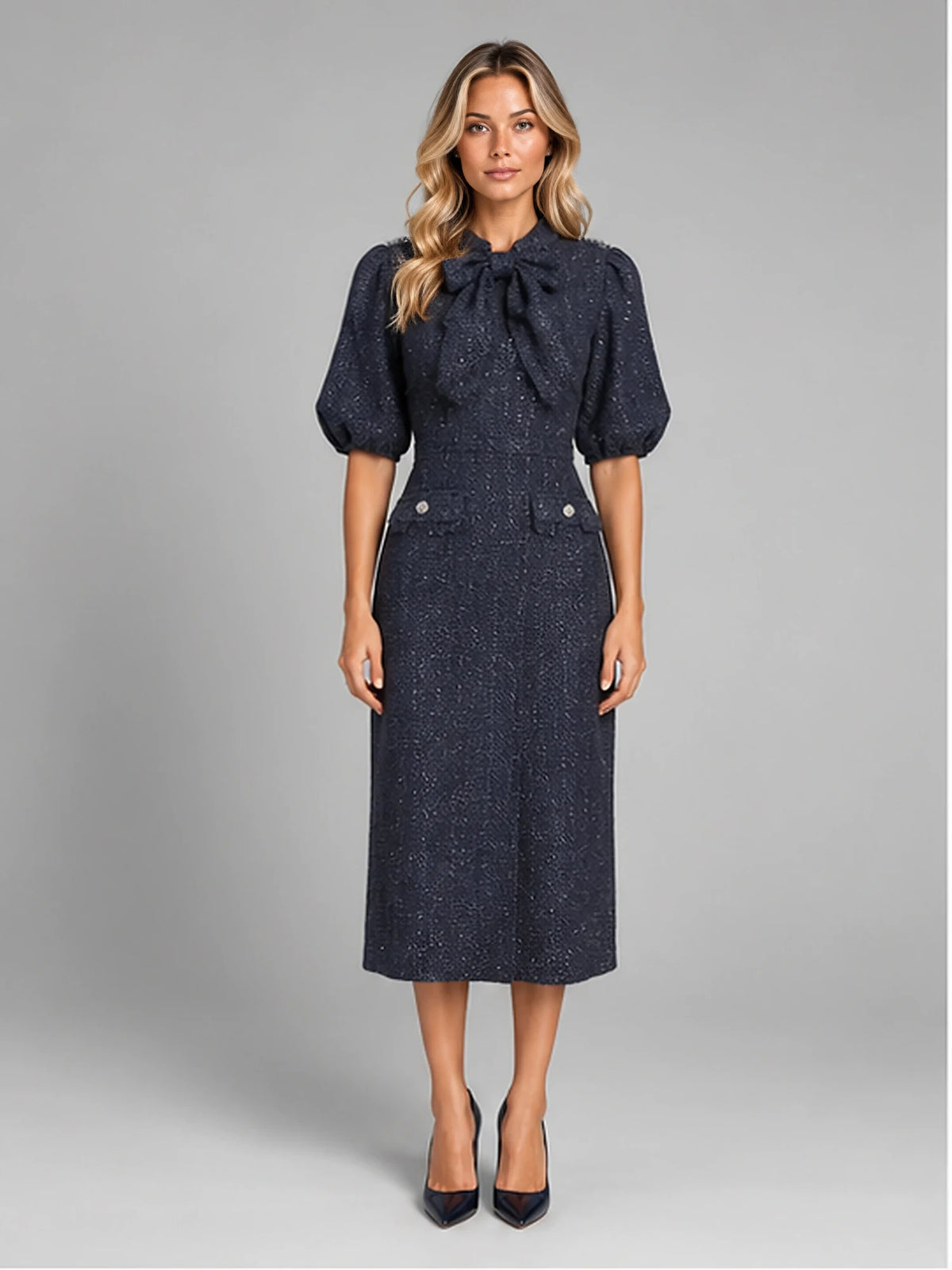 Women's Tweed Midi Dress – Bow Neck and Puff Sleeves in Navy — front view