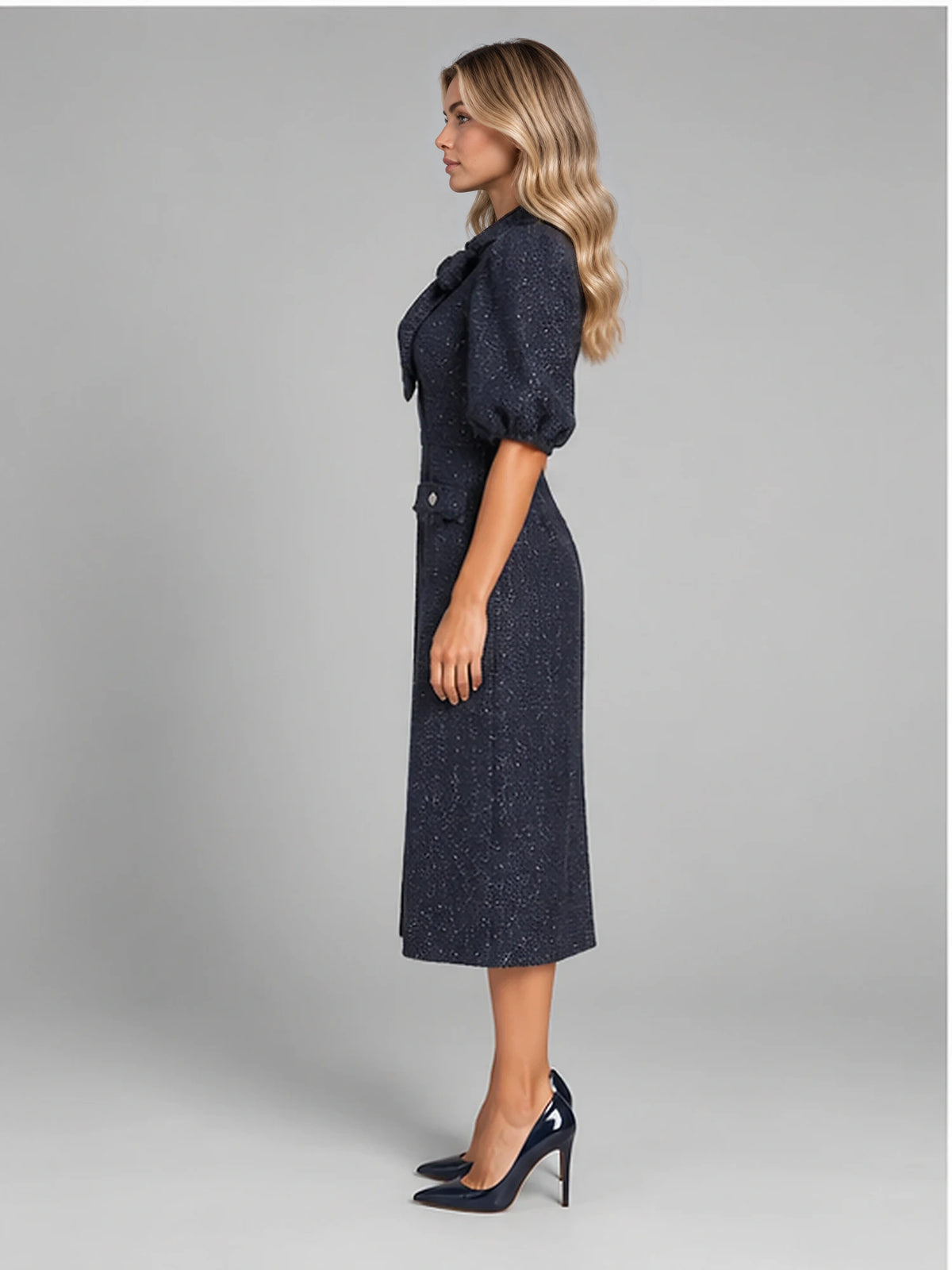 Women's Tweed Midi Dress – Bow Neck and Puff Sleeves in Navy — side view