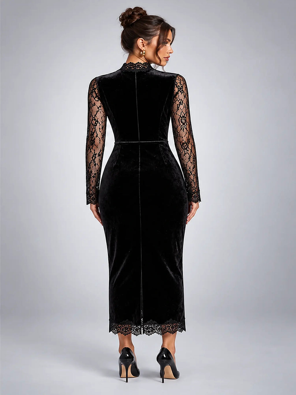 Women's Velvet Midi Dress – Lace Yoke in Black — back view