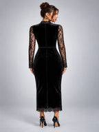 Women's Velvet Midi Dress – Lace Yoke in Black — back view