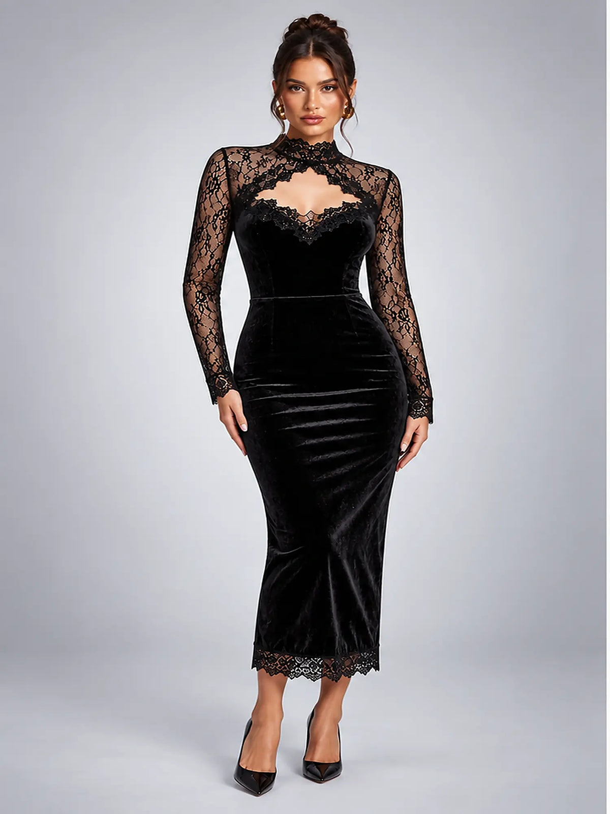 Women's Velvet Midi Dress – Lace Yoke in Black — front view