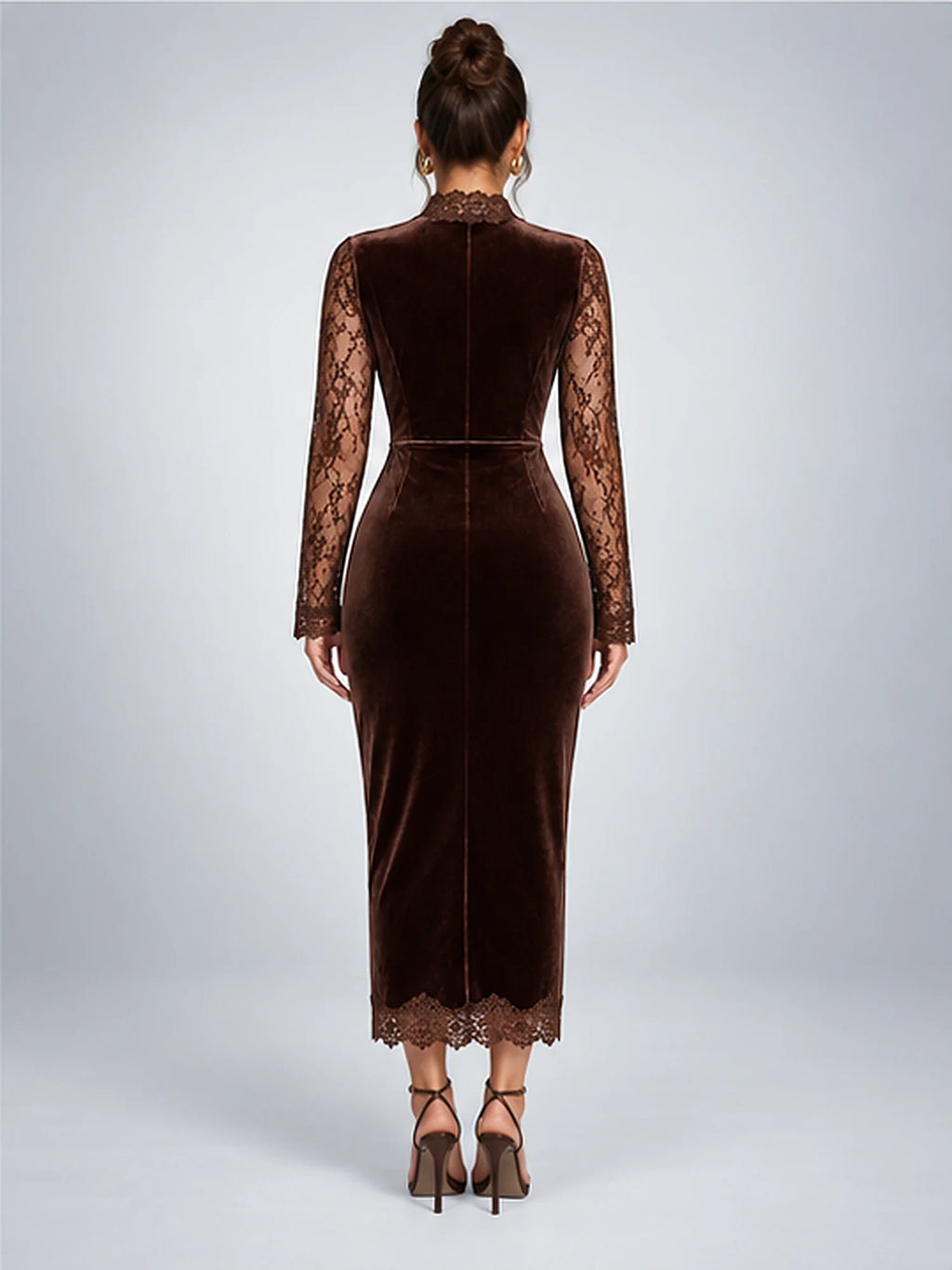 Women's Velvet Midi Dress – Lace Yoke in Chocolate Brown — back view