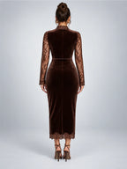 Women's Velvet Midi Dress – Lace Yoke in Chocolate Brown — back view