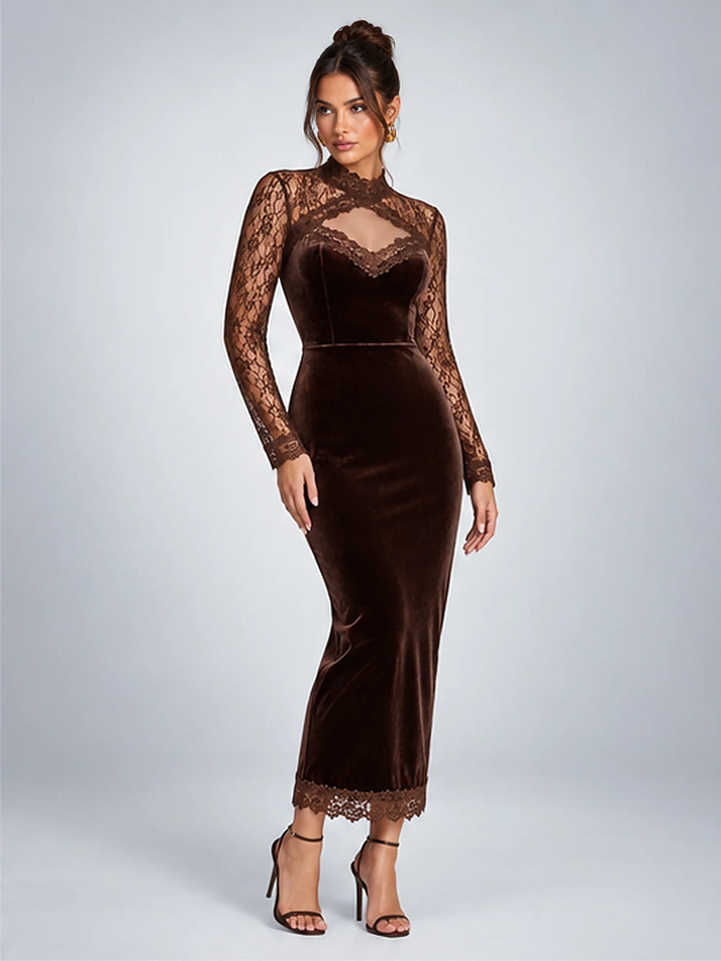 Women's Velvet Midi Dress – Lace Yoke in Chocolate Brown — alternate view