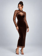 Women's Velvet Midi Dress – Lace Yoke in Chocolate Brown — alternate view