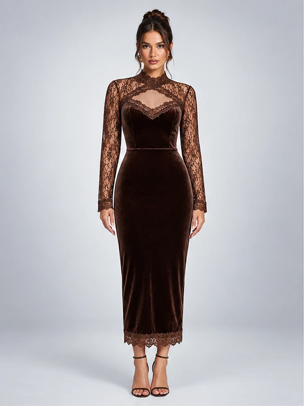 Women's Velvet Midi Dress – Lace Yoke in Chocolate Brown — front view