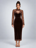 Women's Velvet Midi Dress – Lace Yoke in Chocolate Brown — front view
