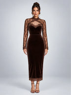 Women's Velvet Midi Dress – Lace Yoke in Chocolate Brown — front view