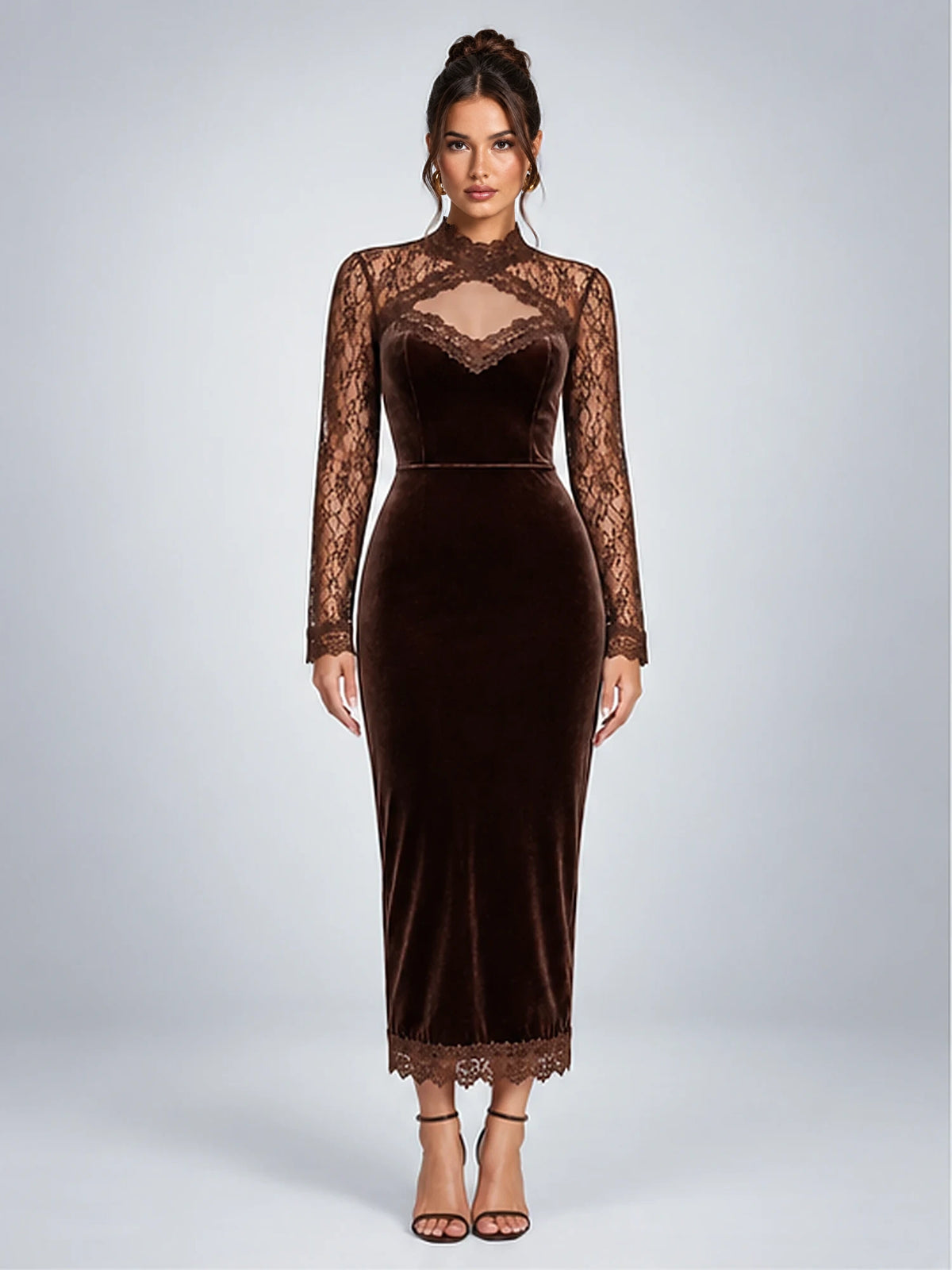 Women's Velvet Midi Dress – Lace Yoke in Chocolate Brown — front view