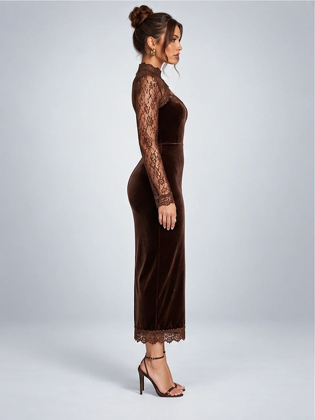Women's Velvet Midi Dress – Lace Yoke in Chocolate Brown — side view