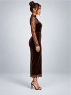 Women's Velvet Midi Dress – Lace Yoke in Chocolate Brown — side view