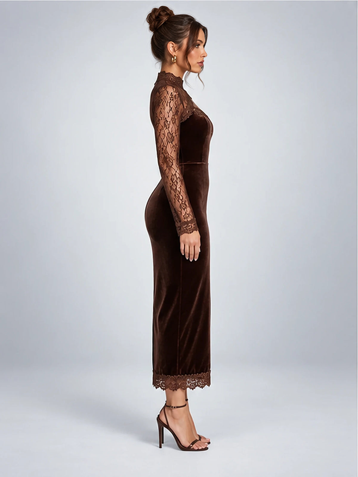 Women's Velvet Midi Dress – Lace Yoke in Chocolate Brown — side view