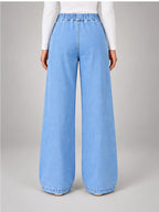 Women's Wide-Leg Jeans – Elastic Waist Light Wash in Light Wash Blue — back view