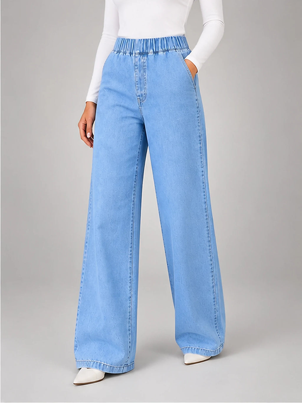 Women's Wide-Leg Jeans – Elastic Waist Light Wash in Light Wash Blue — alternate view